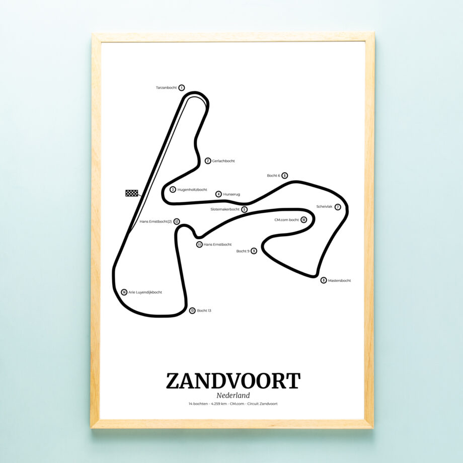 Poster Formule 1 circuit Nederland Zandvoort met blanke houten lijst