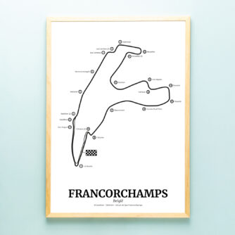 Poster Formule 1 circuit Belgie Francorchamps met blanke houten lijst